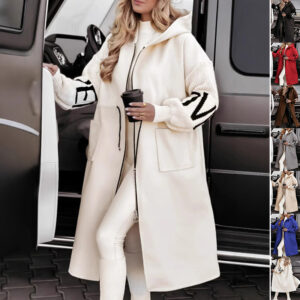 Trench Lungo da Donna con Cappuccio e Maniche in Maglia